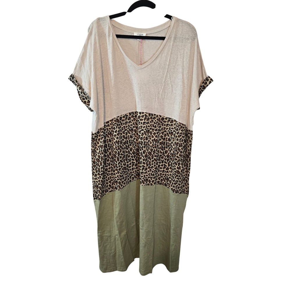 Umgee Womens Leopard Colorblock Linen V-Neck Midi Dress Beige Green L Oversize